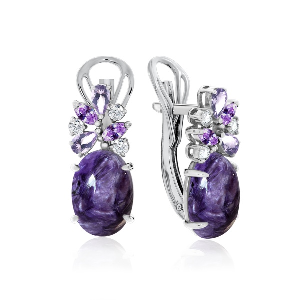 Серьги из серебра с чароитами и фианитами