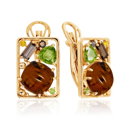 Серьги из серебра с янтарём, ситаллами и фианитами