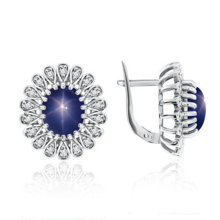 Серьги из серебра с звездчатыми сапфирами и фианитами 2340940251-8 от KRASNOE, металл Серебро, вставка Сапфир Звездчатый