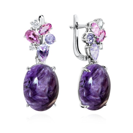 Серьги из серебра с чароитами и фианитами