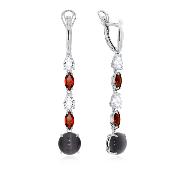 Серьги из серебра с кошачий глазами, гранатами и фианитами 2340261205-1-21 от KRASNOE, металл Серебро, вставка Кошачий глаз