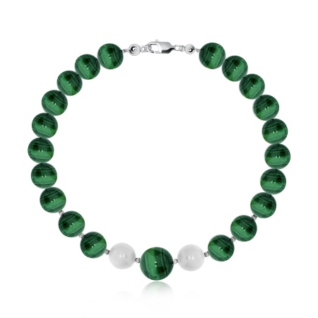 Купить браслет из серебра с жемчугами и малахитами