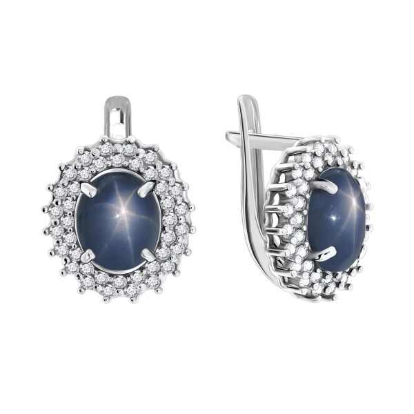 Серьги из серебра с сапфир звездчатыйами и фианитами 2340940145л-8 от KRASNOE, металл Серебро, вставка Сапфир Звездчатый