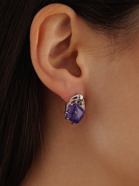 Серьги из серебра с чароитами и фианитами