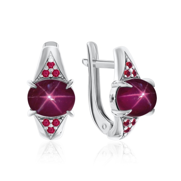 Серьги из серебра с рубинами звездчатыми и ситаллами