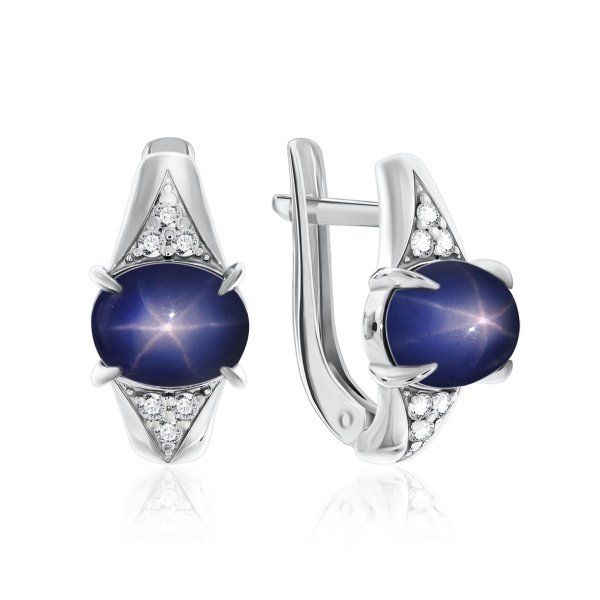 Серьги из серебра с сапфир звездчатыйами и фианитами 2340940372л-8 от KRASNOE, металл Серебро, вставка Сапфир Звездчатый