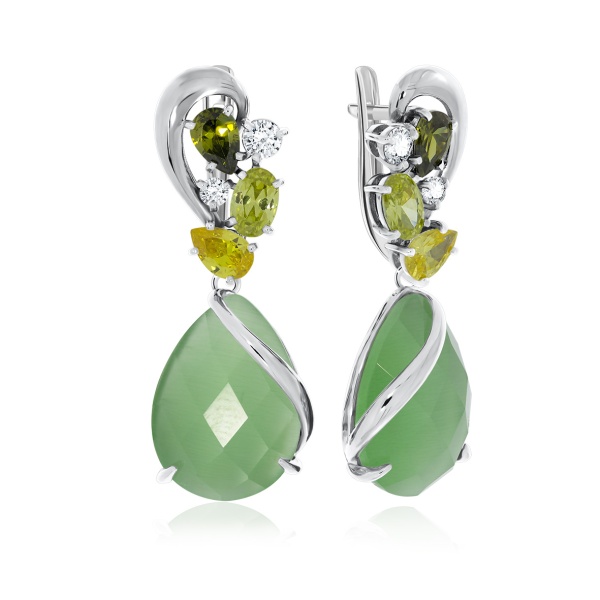 Серьги из серебра с кошачий глазами и фианитами