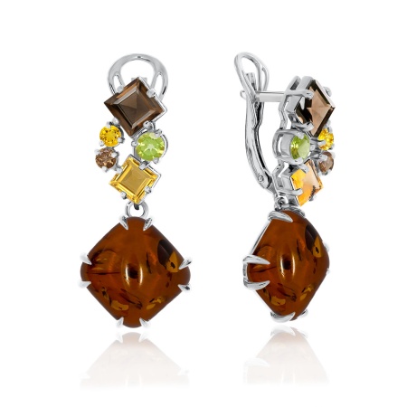 Серьги из серебра с янтарём, хризолитами, топазами и цитринами