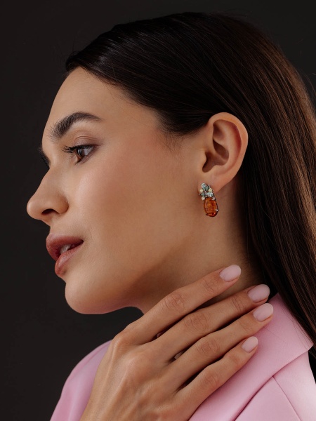 Серьги из серебра с янтарём и фианитами