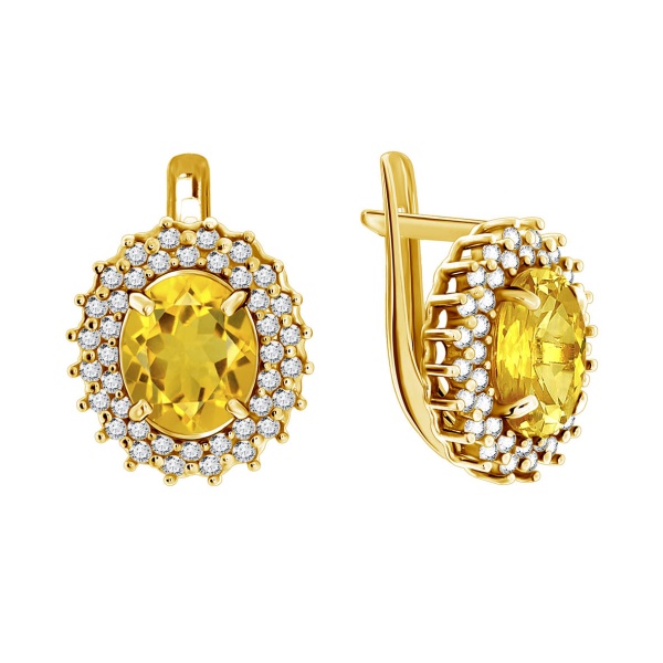 Серьги из серебра с цитринами и фианитами со скидкой