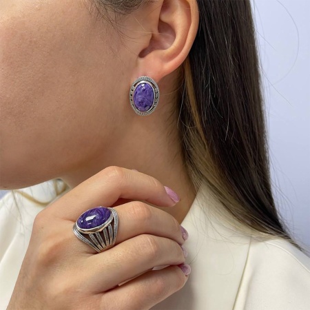 Серьги из серебра с чароитами 2310460981 от KRASNOE, металл Серебро, вставка Чароит