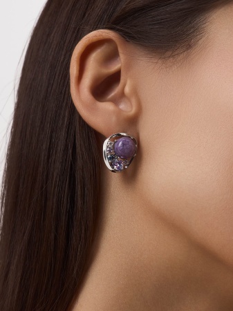 Серьги из серебра с ситаллами, чароитами и фианитами